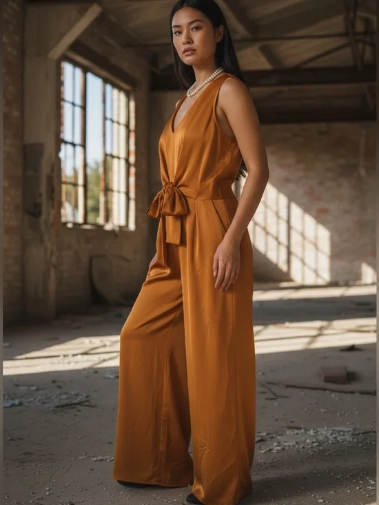 Le Lis Sleeveless Tie-Waist Jumpsuit in Mustard - Picture 3 of 7